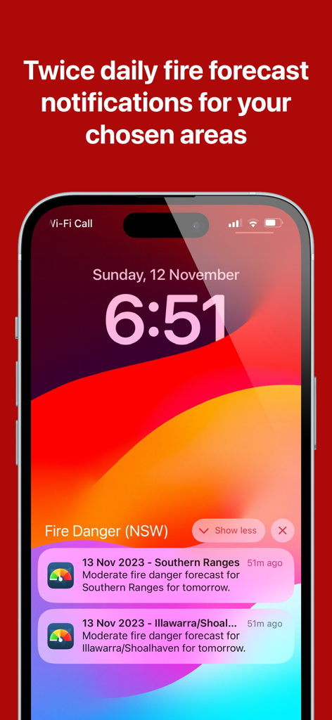 iPhone lock screen showing twice daily fire danger forecast notifications for New South Wales regions