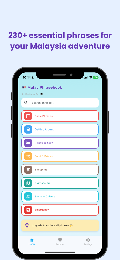 Malay Phrasebook for Travel - マレー語フレーズ集アプリのホーム画面。移動、ショッピング、緊急時などの旅行フレーズのカテゴリが表示されています。