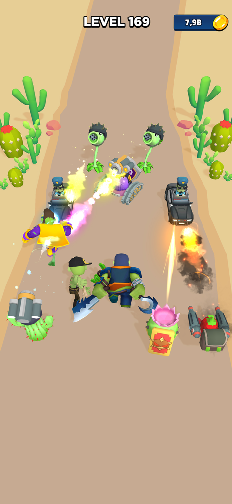 Merge Master: Idle Zombie War - Gameplay screenshot of Merge Master Idle Zombie War showing a strategic 3D battle between merged plants and zombies