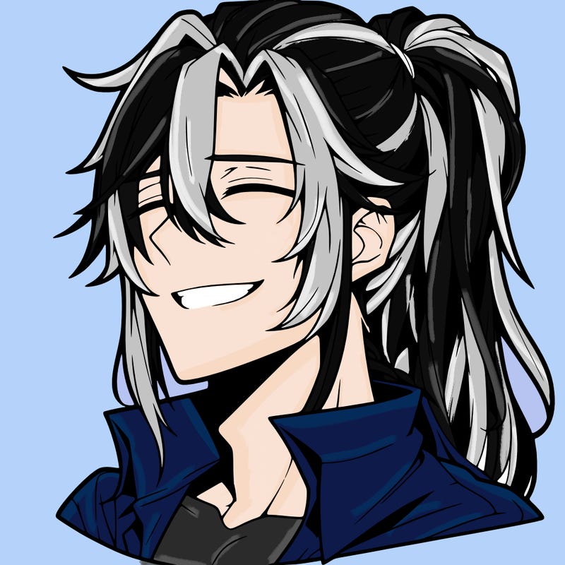 realistic hot anime boy with a grin and long hair in a pony tail