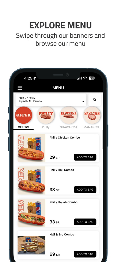 HAJI | حجي - The menu screen of the HAJI food ordering app featuring Philly Chicken and Shawarma combo meals with prices and categories.