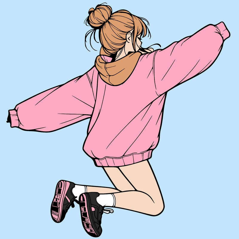 realistic girl jumping with a bun and oversized sweatshirt