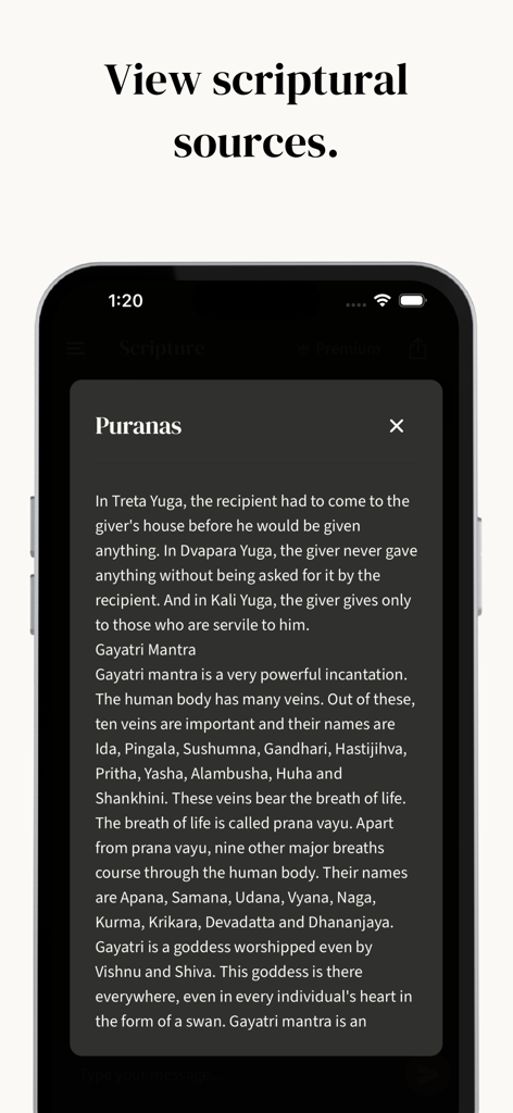 Om.AI – AI Astrology & Kundli - Om.AI app interface displaying a popup with detailed scriptural references from the Puranas.