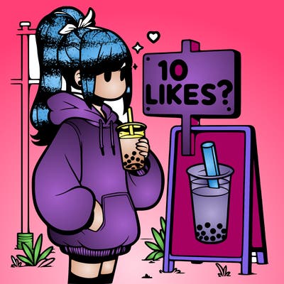 girl with oversized hoodie drinking boba and she has a high ponytail with a sign that says 10likes?