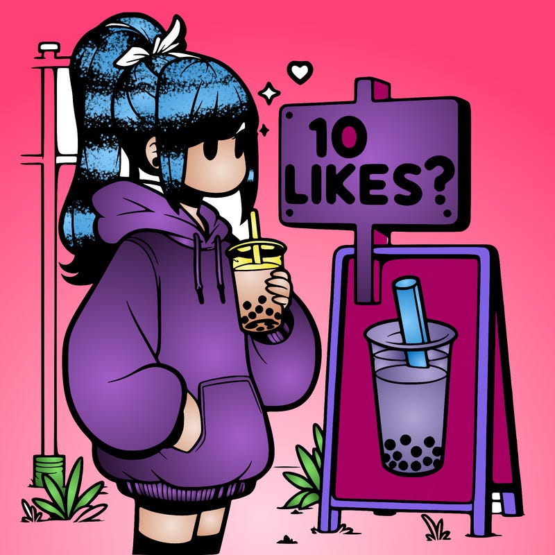 girl with oversized hoodie drinking boba and she has a high ponytail with a sign that says 10likes?
