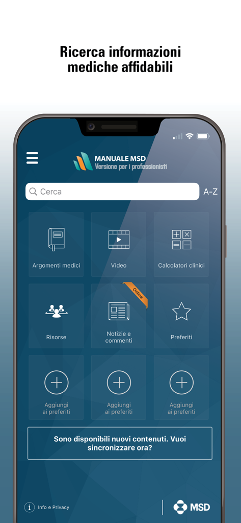 Pantalla de inicio de la aplicación Manual MSD Profesionales con una barra de búsqueda y mosaicos de acceso rápido a temas médicos, videos y calculadoras clínicas.