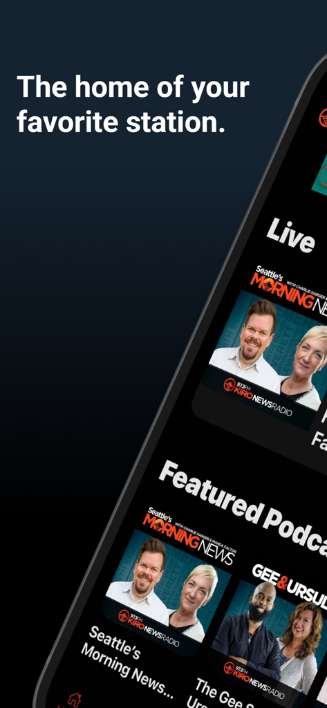 A screenshot of the KIRO Newsradio mobile app showing live segments and featured Seattle podcasts