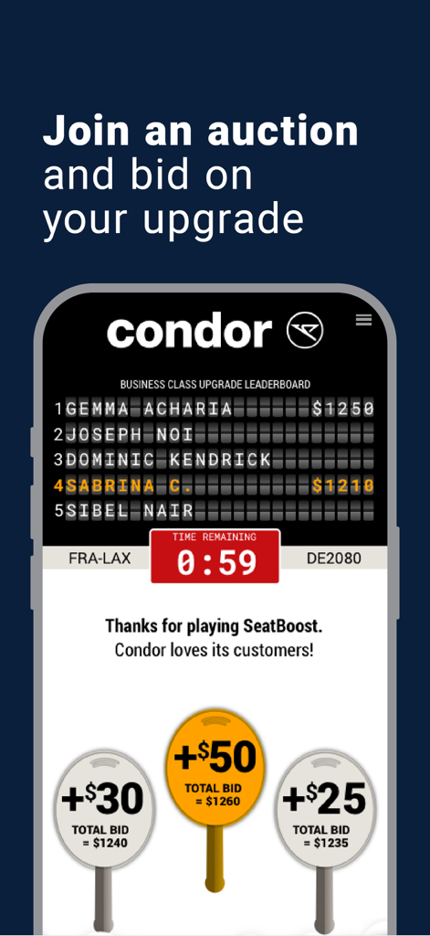 SeatBoost - SeatBoost app interface showing a live auction leaderboard for a business class flight upgrade