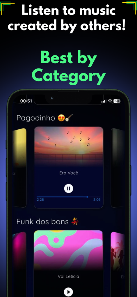 Music Creator AI - Advanced - Un écran mobile montrant des catégories de musique générées par IA comme le Pagodinho et le Funk dans le fil communautaire de l'application Music Creator AI.