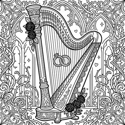Unveil the enchanting beauty of this Gothic Wedding Harp coloring page, where romance meets dark elegance. Delight in coloring intricate details like delicate lace, classic roses, and intertwined wedding rings.