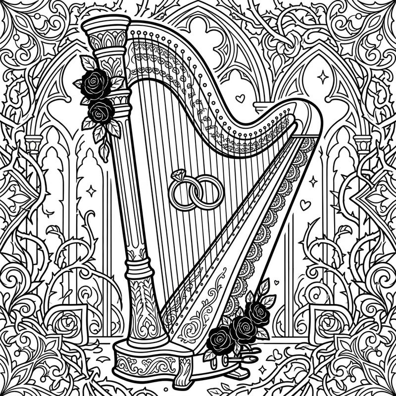 Unveil the enchanting beauty of this Gothic Wedding Harp coloring page, where romance meets dark elegance. Delight in coloring intricate details like delicate lace, classic roses, and intertwined wedding rings.