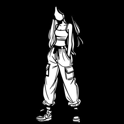 girl in baggy pants crop top and long hair