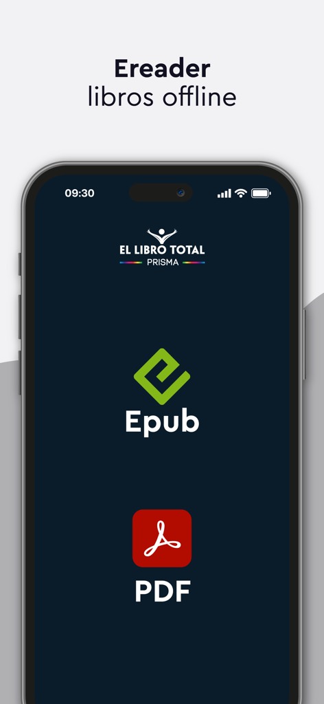 El Libro Total - Smartphone screen showing El Libro Total app interface with support for offline reading of Epub and PDF files