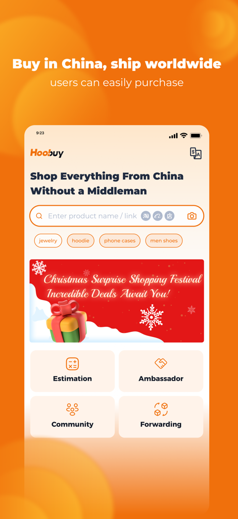 Hoobuy Mobile-App-Oberfläche zum direkten Kauf von Produkten aus China ohne Zwischenhändler
