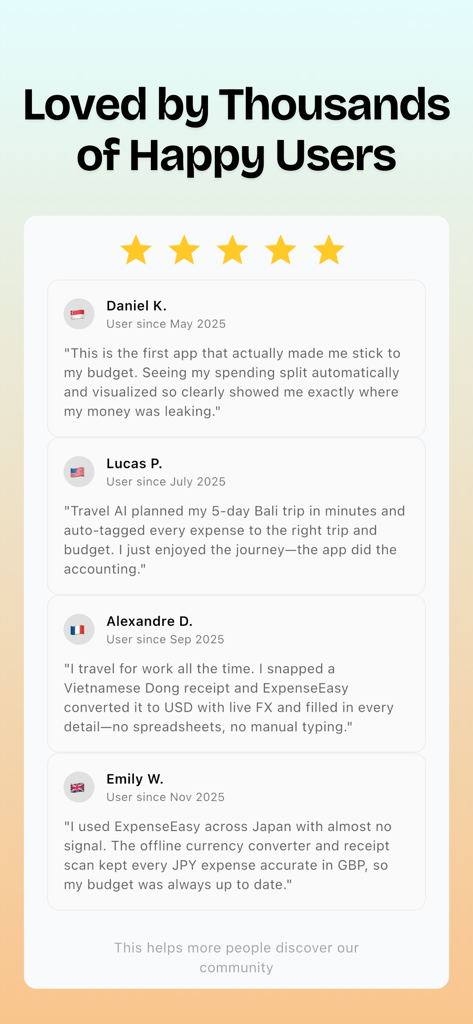 Depoimentos de clientes e avaliações de cinco estrelas para o rastreador de dinheiro com IA Expense Easy.
