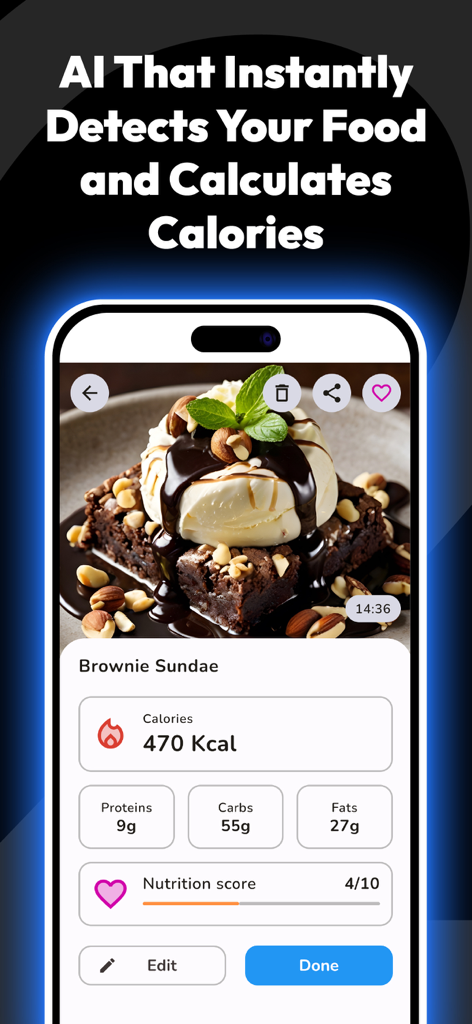 Simple AI Calorie Counter - Smartphone screen showing AI food recognition and calorie tracking for a brownie sundae