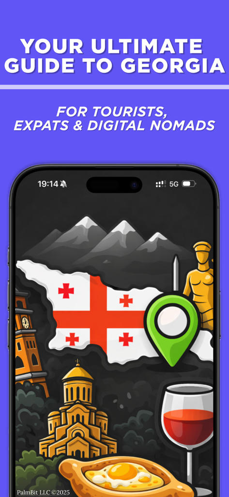 GeoMate: Georgia Travel Guide - GeoMate app promotional screen showing a guide for tourists expats and digital nomads in Georgia featuring local food and landmarks