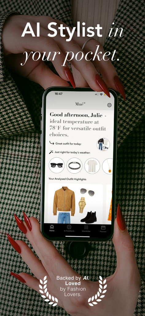 Mue mobile app interface showing personalized outfit recommendations and weather based style tips