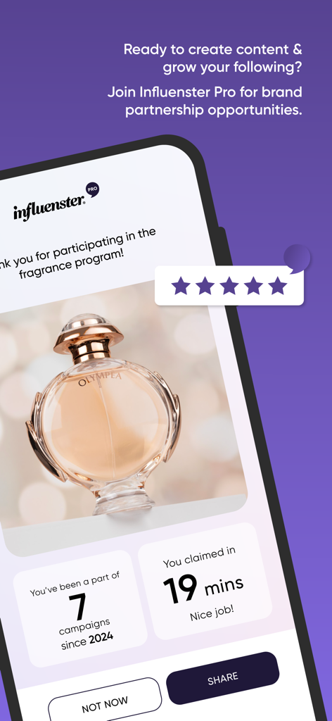 Influenster Pro app interface showing a perfume campaign review and user statistics for brand partnerships.