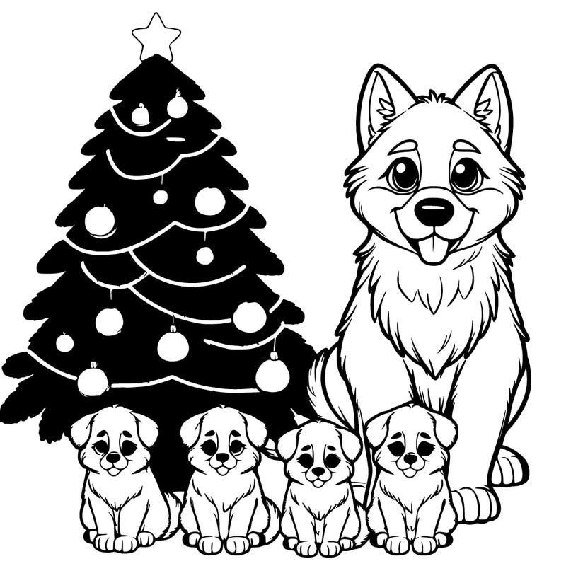 a christmas tree with 1 realistic mom dogand 6 puppies