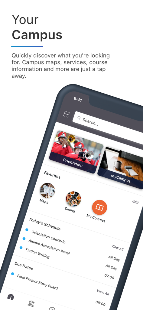 Tableau de bord de l'application de l'Université de Tasmanie montrant les cartes du campus, les activités d'orientation et l'emploi du temps quotidien des étudiants.