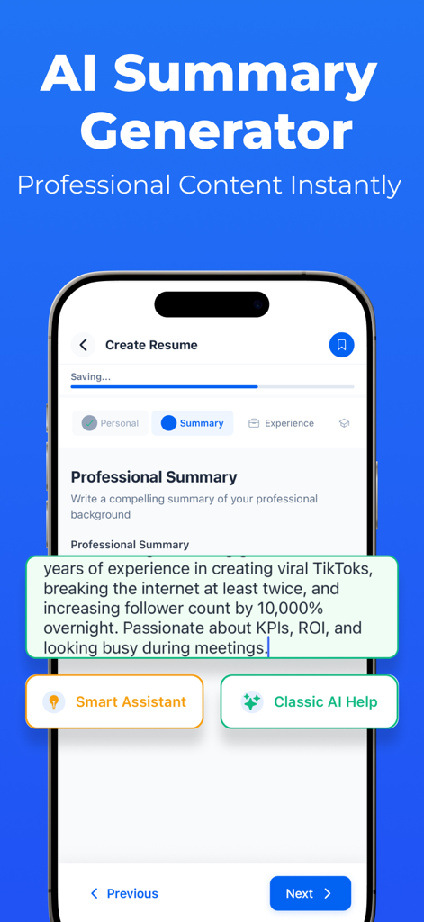 Intelligent CV: Resume - Intelligent CV app showing the AI summary generator feature for professional resumes.