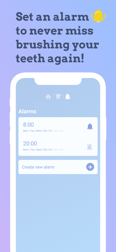 Toothie: Toothbrush Timer App - Toothie app interface showing set alarms for morning and evening toothbrushing reminders