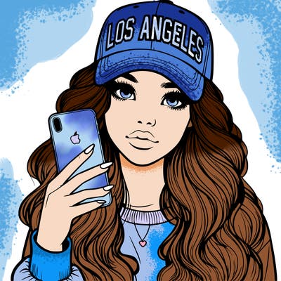 realistic beautiful girl wearing los ángeles cap holding an iphone