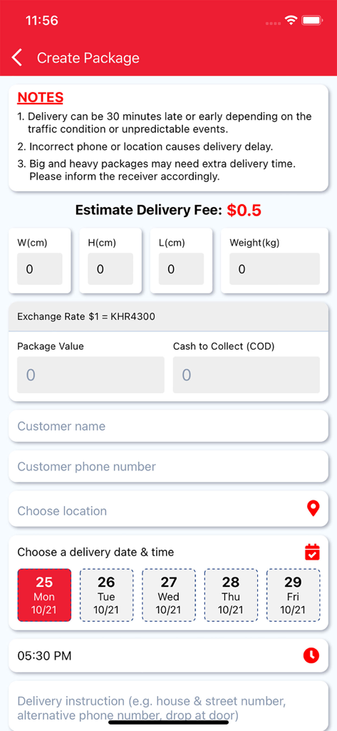 L192 Delivery and Business - L192 app interface for creating a new package including delivery fee calculation weight dimensions and customer information