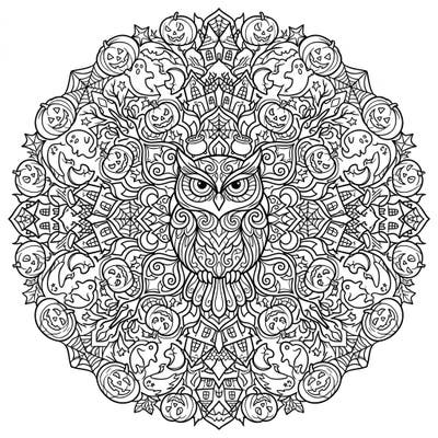 Unleash your creativity with this enchanting Owl Mandala coloring page, perfect for Halloween. Discover a world of intricate designs featuring wise owls, playful ghosts, and grinning jack-o'-lanterns.