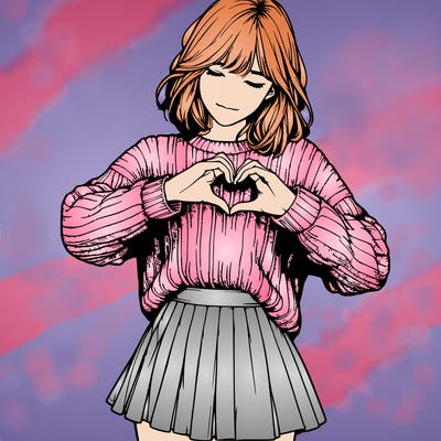 realistic girl in sweater and skirt making a heart with her hands