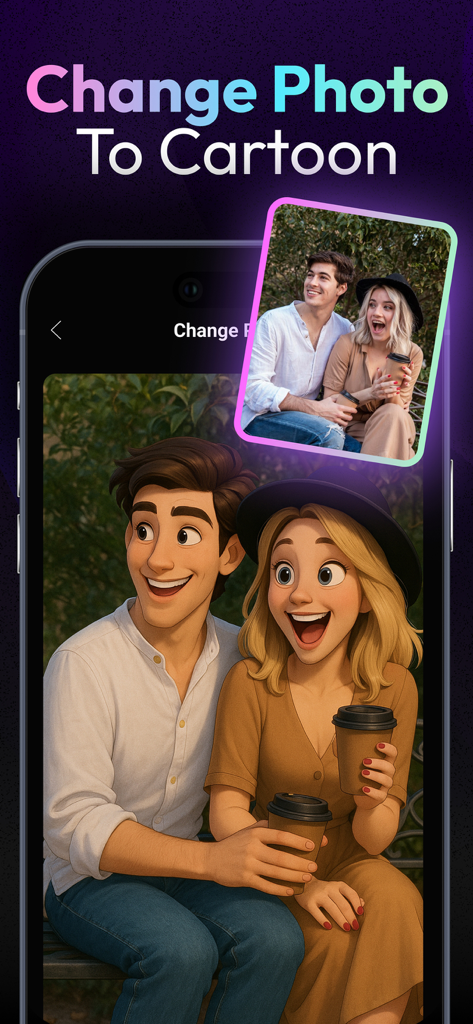 Toon AI: Cartoon photo editor - Una comparación lado a lado de antes y después de una pareja transformada a un estilo de caricatura usando Toon AI.