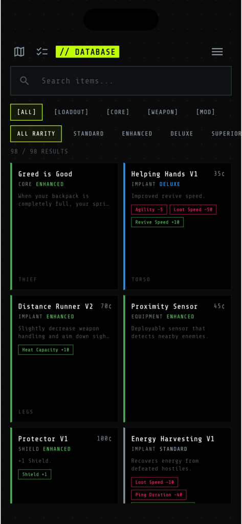 Screenshot dell'app companion Runner che mostra il database di oggetti del gioco Marathon con varie attrezzature, impianti e statistiche.