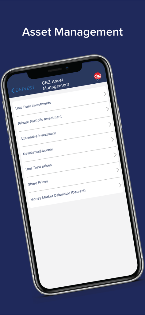 CBZ Touch - Pantalla de gestión de activos de la aplicación CBZ Touch con opciones de inversión.