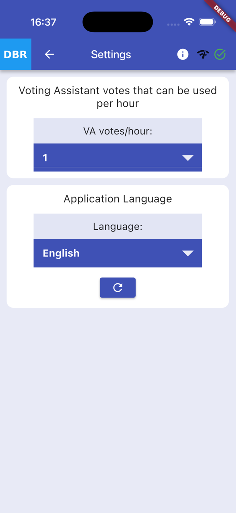 DBR Index app settings page showing voting assistant frequency and language preferences.