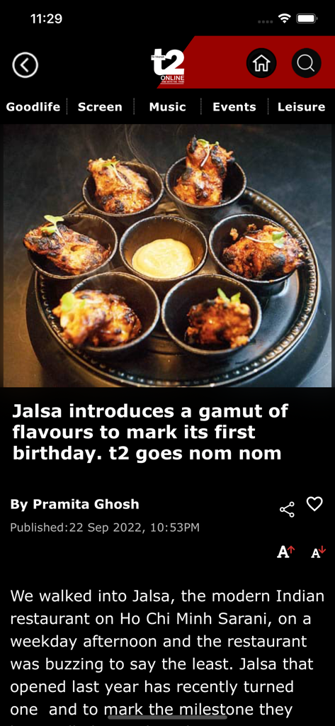 t2 online - Screenshot of the t2 online app showing a food review article for Jalsa restaurant