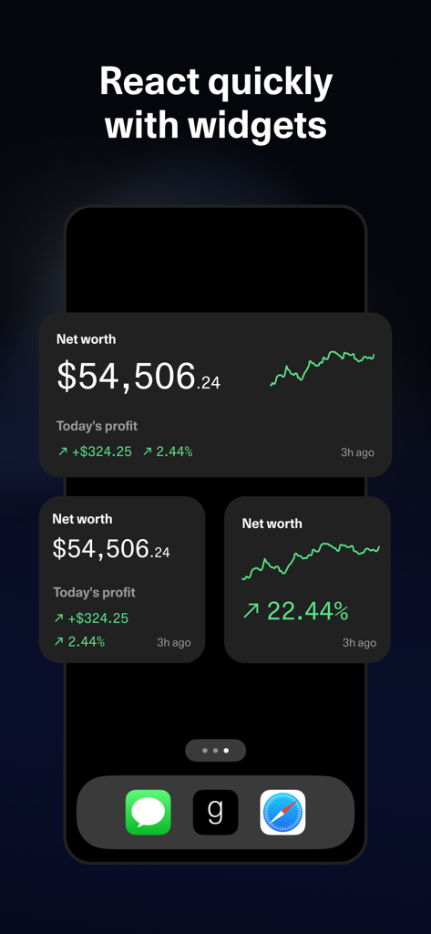 getquin - Portfolio Tracker - Pantalla de inicio de smartphone con varios widgets de getquin para rastrear el patrimonio neto y el rendimiento de la inversión en tiempo real.