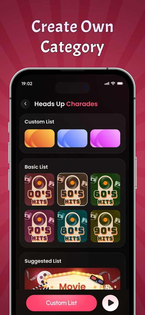 Interface of the Charades app showing options to create custom categories and select from various music decade lists