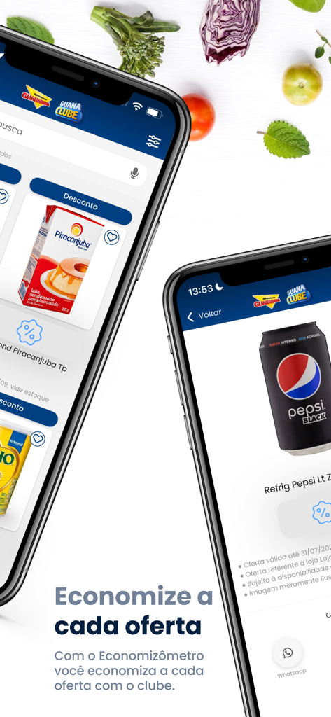Guanaclube - Smartphone screens displaying exclusive supermarket discounts and product offers on the Guanaclube app