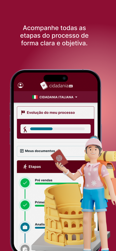 Cidadania4u - Cidadania4u mobile app interface displaying a step by step tracking of an Italian citizenship application