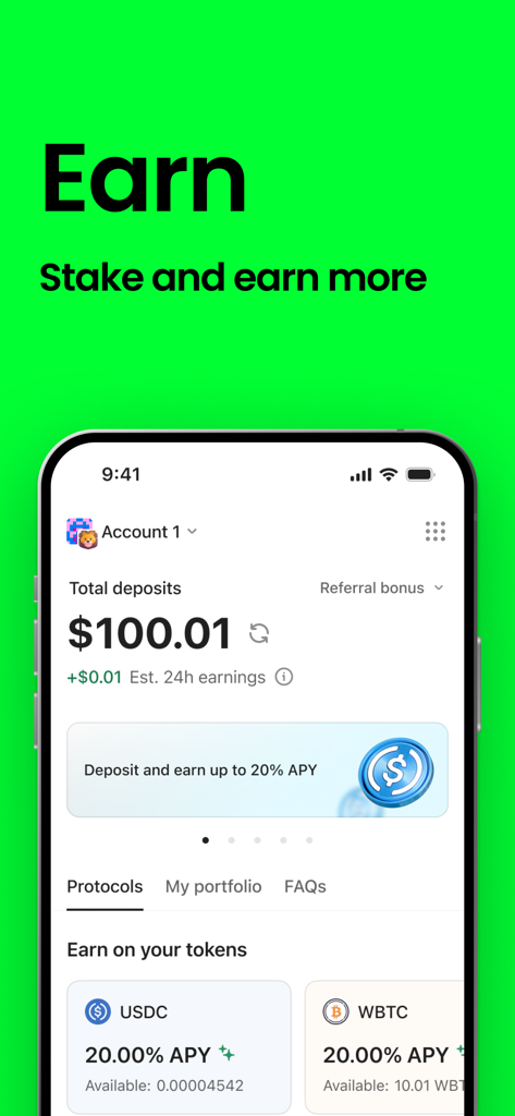 OneKey:Crypto & Bitcoin Wallet - Mobile screenshot of OneKey app showing crypto staking and earning rewards with high APY
