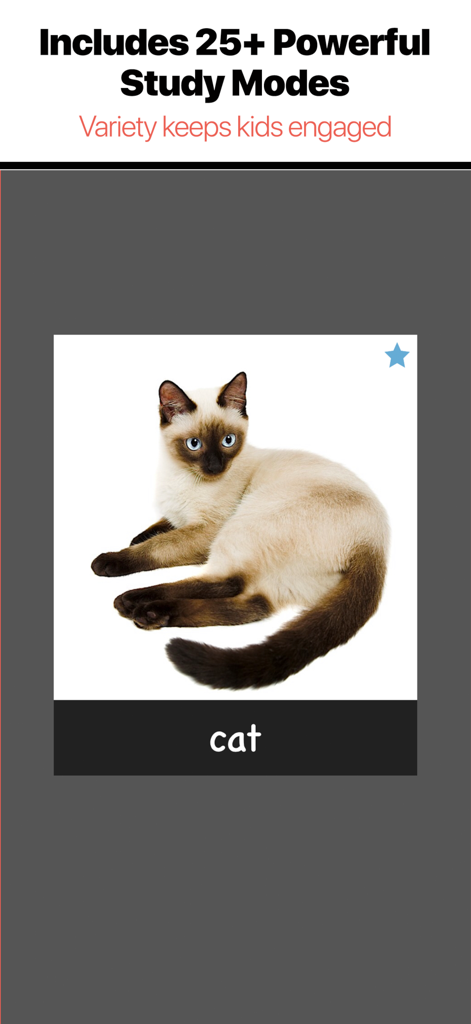 Bitsboard Flashcards PRO - Bitsboard Flashcards PRO screenshot showing a cat flashcard with the text Includes 25 plus Powerful Study Modes.