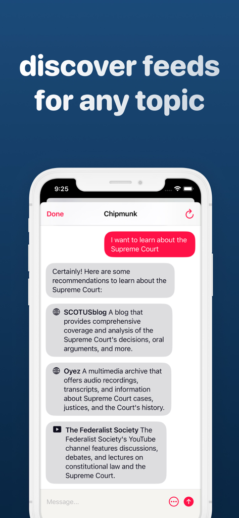feeeed app chatbot providing news feed recommendations for a specific topic