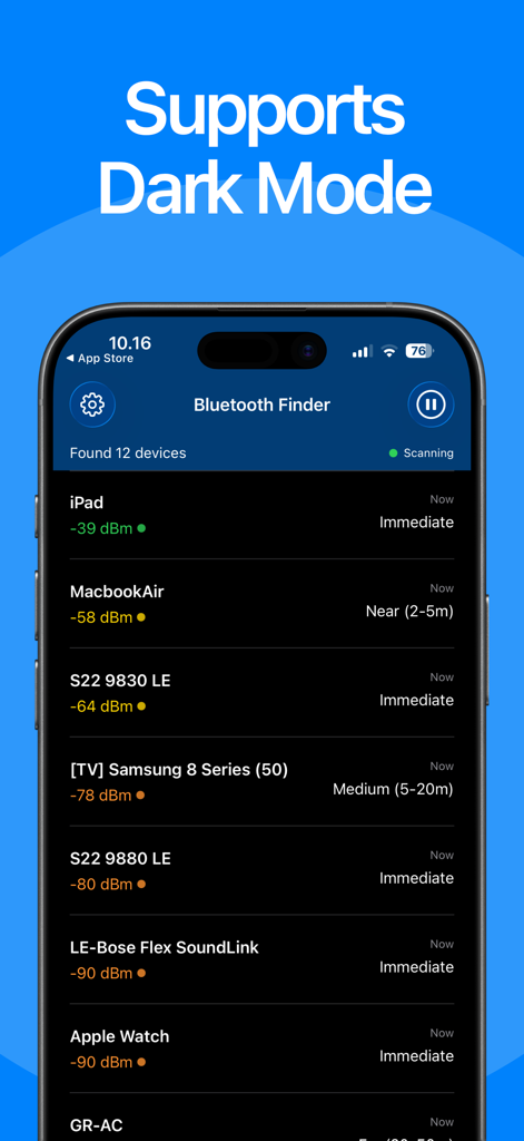 Bluetooth Device Finder • BLE - The Bluetooth Device Finder app interface shown in dark mode displaying a list of nearby tracked devices such as iPad, MacBook, and Apple Watch with signal strength indicators.