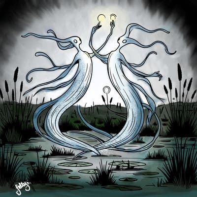 two realistic wil o wisp dancing over a swamp