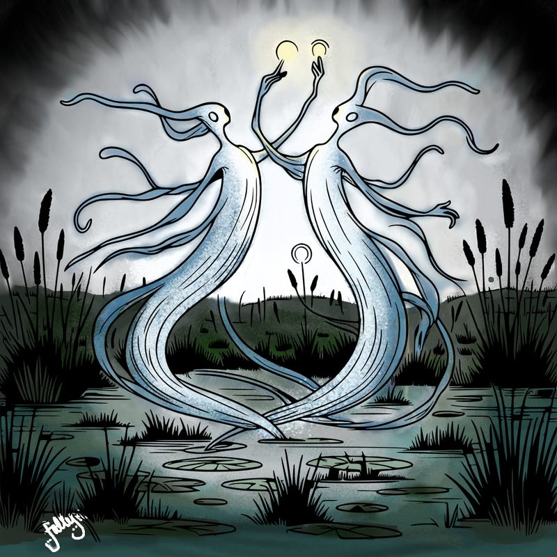 two realistic wil o wisp dancing over a swamp