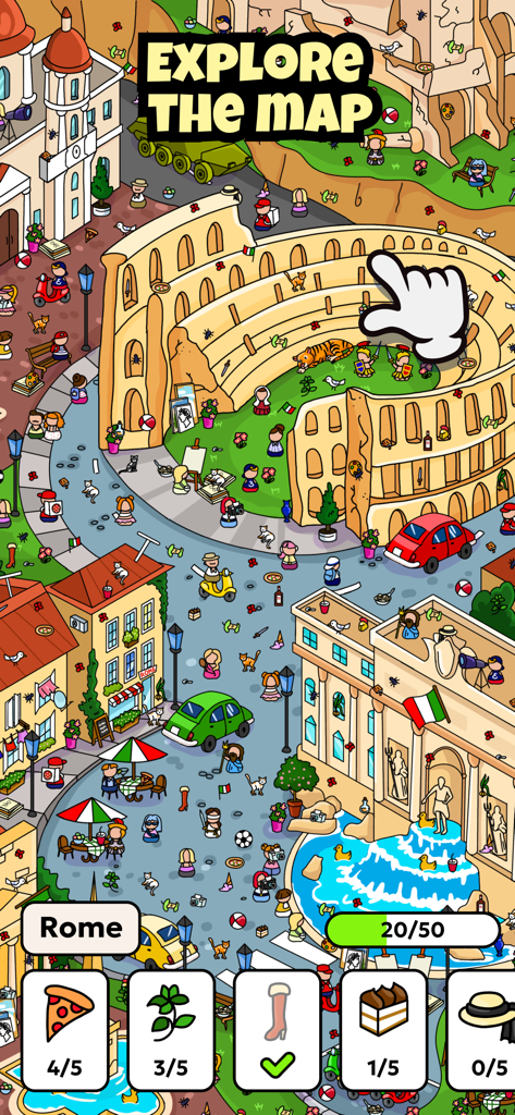 Gioco di Hidden Objects The Journey con una mappa cartoon di Roma con un elenco di oggetti da trovare come pizza e uno stivale