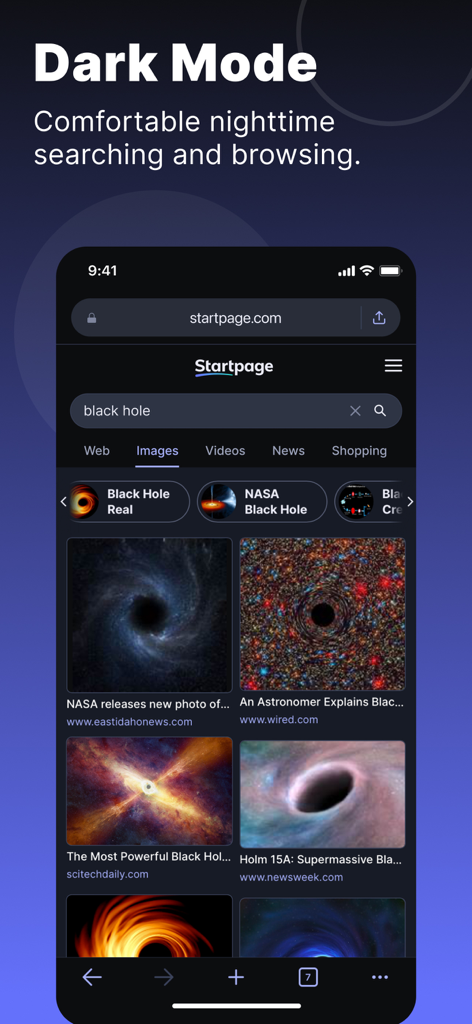 Startpage - Private Browser - Startpage private browser interface in dark mode displaying image search results
