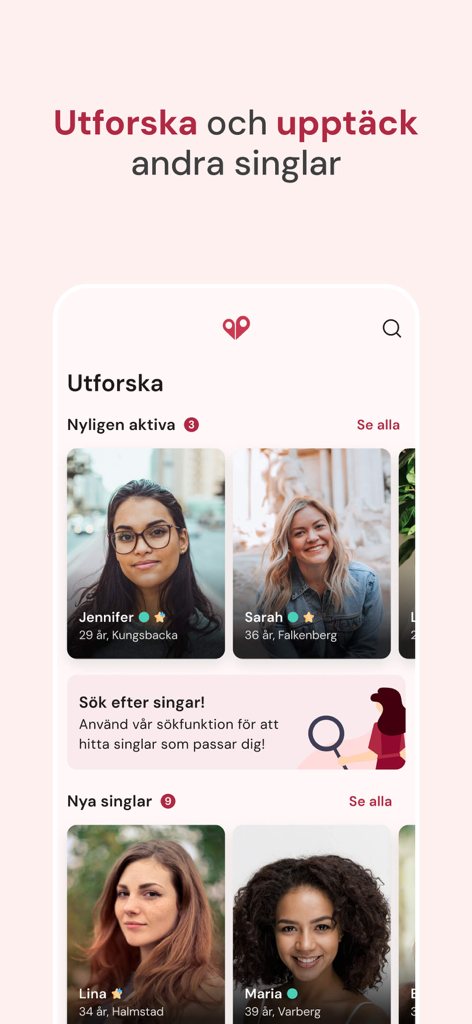 The explore screen of the Motesplatsen dating app featuring profile photos of serious singles.