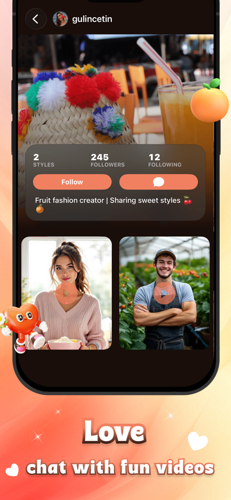 Anya - Chat&Community - Tela de perfil de usuário no aplicativo Anya apresentando conteúdo de criador de moda frutada e miniaturas de vídeo.